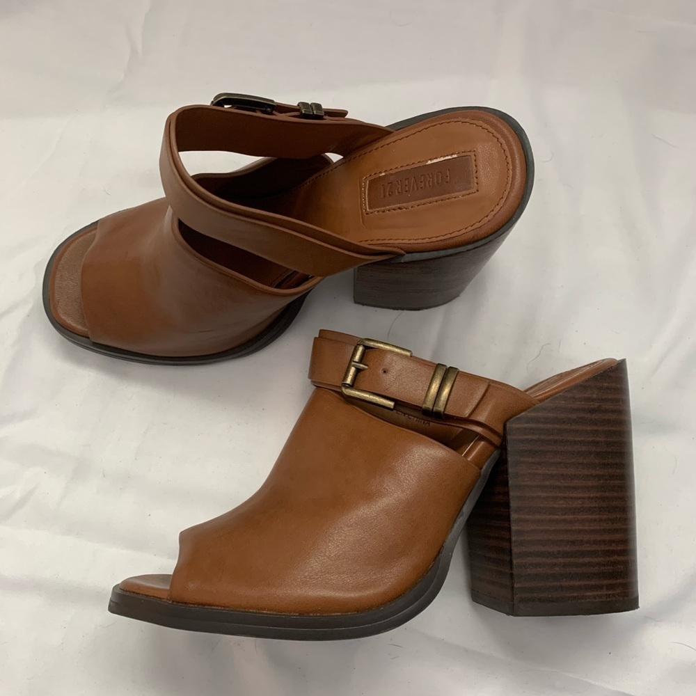Forever 21 Cognac Peep Toe Leather Mules - Picture 6 of 10